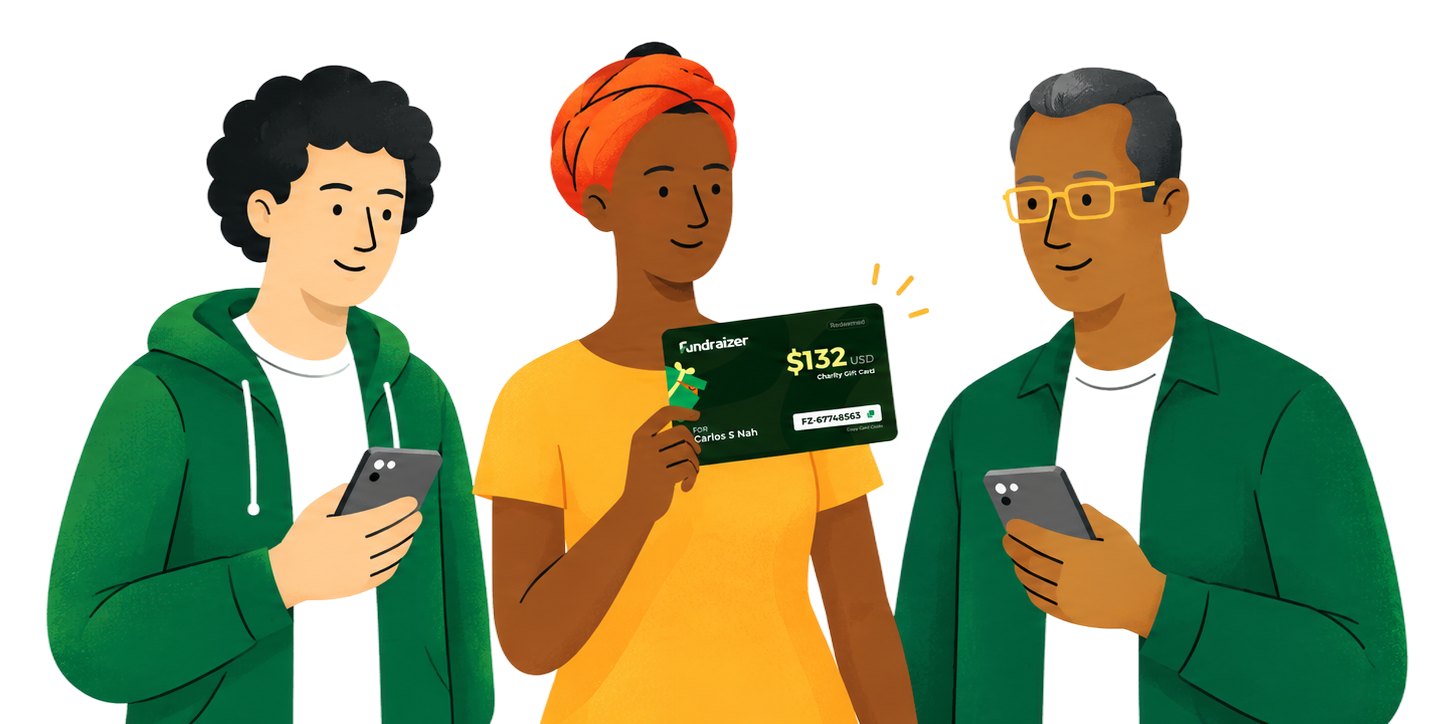 Three friends looking at a Fundraizer gift card