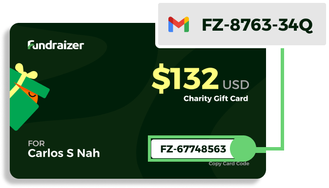 Where the code appears on a Fundraizer gift card and in the delivery email