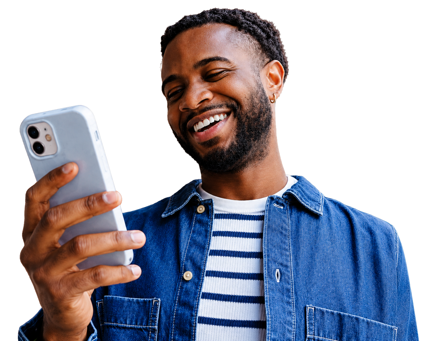 A man smiling at his phone